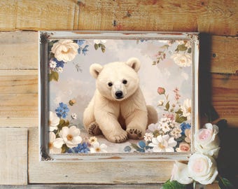 Lámina floral de oso polar bebé para guardería (descarga digital)