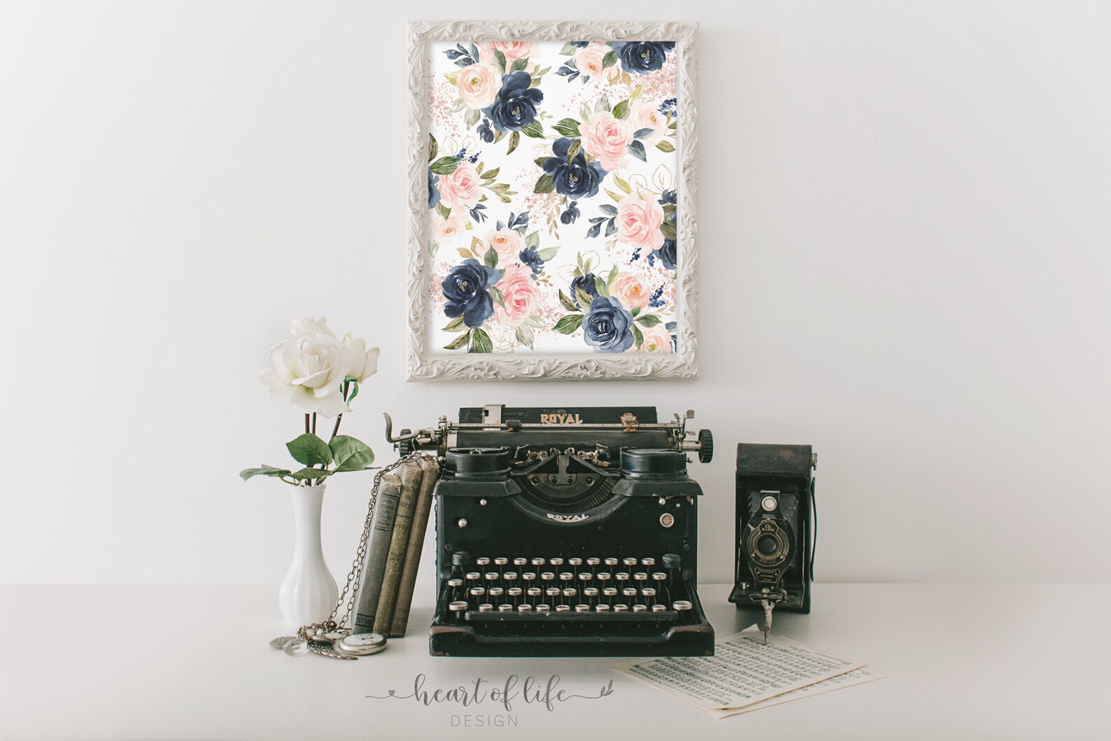 Printble Art Blush Pink and Navy Wall Art Watercolor Floral Etsy