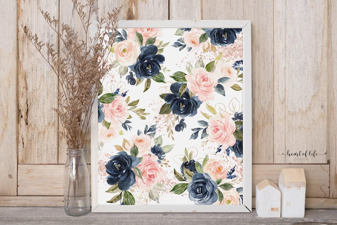 Blush and Navy Floral Wall Art – Watercolor Collage for Nursery or ...