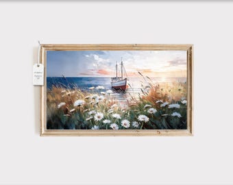 May include: A framed painting of a sailboat at sea with a field of white daisies in the foreground. The sky is a soft blue with a golden sunset in the distance.
