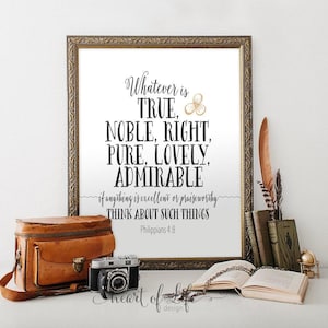 Philippians 4:8 Printable Scripture Art – Think About Such Things Bible Verse in Black and Gold | Inspirational Christian Wall Print
