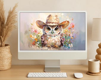 Cowgirl Owl Desktop Wallpaper | Colorful Floral Bird Background | Western Animal Art for Kids and Nursery Screens