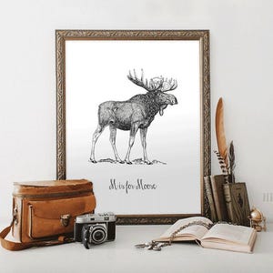 Moose Nursery Wall Art Printable – Black & White Woodland Animal Decor – Rustic Cabin-Style Download for Baby Room