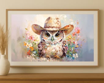 Cowgirl Owl Frame TV Art | Bright Floral Western Bird Display | Digital Owl Art for Nursery or Kids Room TV