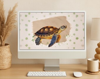 Sea Turtle Desktop Wallpaper | Ocean Nursery Digital Background | Green Floral Turtle Art for Screens