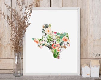 Floral Texas State Art Print: Watercolor Map (Digital Download)