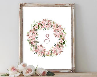 Letter S Nursery Wall Art with Blush Pink Watercolor Wreath – Watercolor Wreath Printable with Monogram Letter S and Light Pink Florals