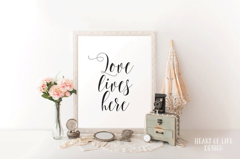 Printable Wall Art Love Quote print Love Lives Here Simple Black and White Quote Print Living Room Wall Decor Master Bedroom Art image 1