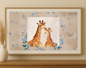 Giraffe Family Frame TV Art: Blue Floral Safari Nursery (Digital Download)