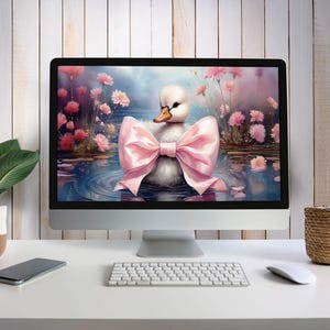かわいいアヒルの子のデスクトップ壁紙 – パステルカラーのイースターコンピュータの背景 – 愛らしい蝶ネクタイをしたアヒルのデジタルアート