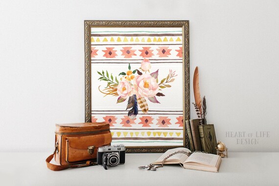 Tribal Nursery Printable Wall Art – Blush Pink Watercolor Floral Print with Aztec Style Design, Instant Download Boho Baby Room Decor