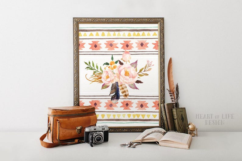 Decorazione murale stampabile con tema tribale per la cameretta dei bambini - Stampa floreale acquerello rosa cipria con design in stile azteco, download immediato, decorazione per cameretta Boho. immagine 1