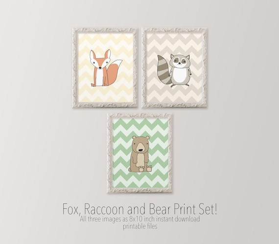 Woodland Nursery Wall Art Set – Printable Bear, Fox, and Raccoon Animal Prints, Neutral Forest Theme for Baby Room (Set of 3)