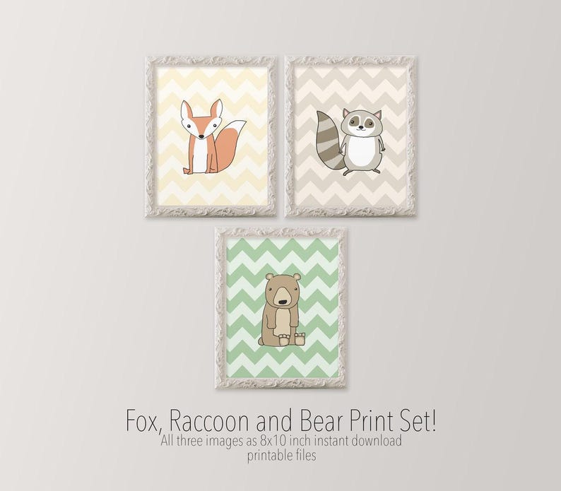 Woodland Nursery Wall Art Set – Printable Bear, Fox, and Raccoon Animal Prints, Neutral Forest Theme for Baby Room (Set of 3) image 1