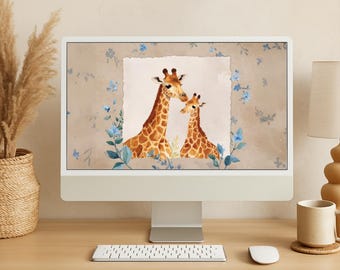 Giraffe Desktop Wallpaper | Mother and Baby Giraffes with Blue Florals | Digital Safari Animal Background
