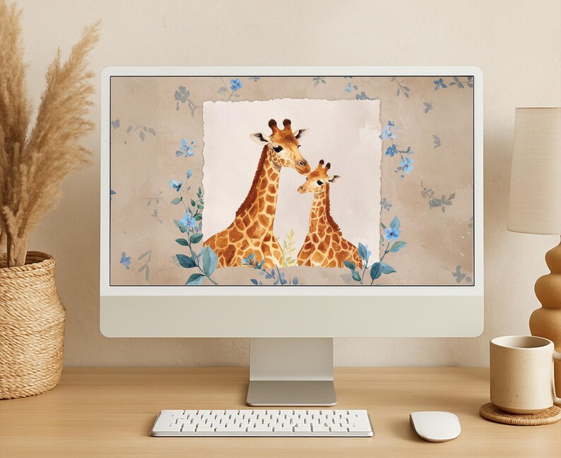 Giraffe Computer Screen Giraffe Desktop Wallpaper | Mother and Baby Giraffes With Blue Florals ...