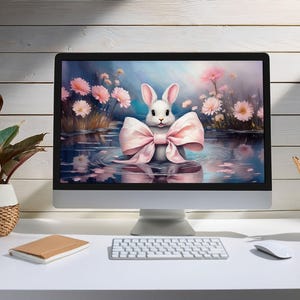 Puede incluir: Un conejo blanco con un lazo rosa se sienta en un charco de agua. El fondo es una imagen suave y borrosa de flores rosas y hojas verdes.