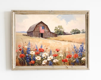 American Flag Barn Printable: Patriotic Wildflower Art (Digital Download)