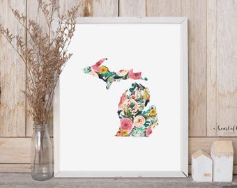 Michigan Floral State Printable – Watercolor State Art for Dorm Room, Home Office, or Gift – Digital Michigan State Silhouette Decor