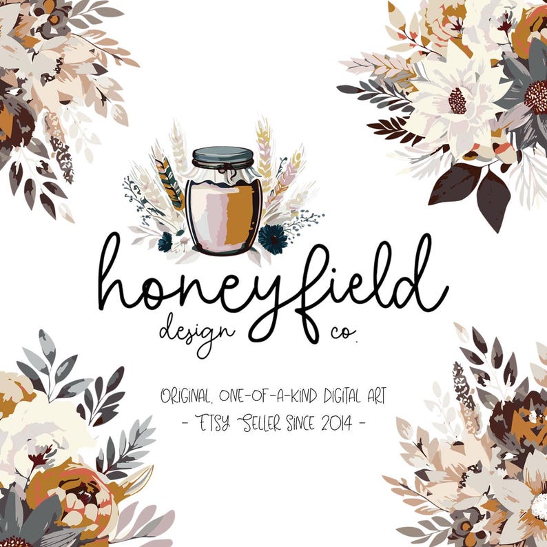 the honeyfield design co logo is surrounded by flowers