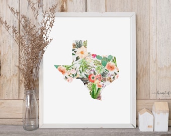 Texas Printable Art Print Floral Texas State Print Floral Watercolor Texas Art Print Wall Art Colorful Texas Home Decor HEART OF LIFE