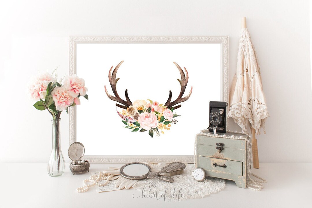 Printable Art Antler Print Antlers With Flowers Deer Antler Print ...