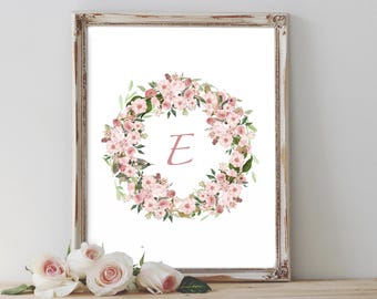 Letter E Nursery Wall Art with Blush Pink Watercolor Wreath – Watercolor Wreath Printable with Monogram Letter E and Light Pink Florals