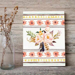 Decorazione murale stampabile con tema tribale per la cameretta dei bambini - Stampa floreale acquerello rosa cipria con design in stile azteco, download immediato, decorazione per cameretta Boho. immagine 3