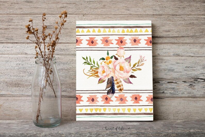 Decorazione murale stampabile con tema tribale per la cameretta dei bambini - Stampa floreale acquerello rosa cipria con design in stile azteco, download immediato, decorazione per cameretta Boho. immagine 3