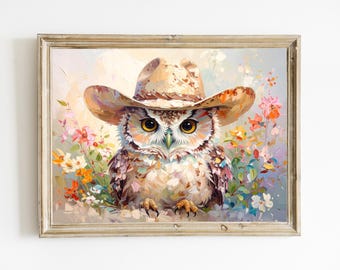 Cowgirl Owl Printable Wall Art | Colorful Floral Western Bird | Boho Woodland Nursery Animal Print | Digital Download