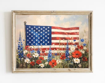American Flag with Wildflowers Printable Art | Patriotic Floral USA Print | Fourth of July Wall Decor | Digital Download