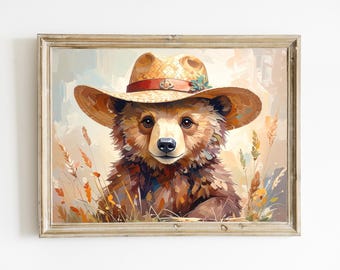 Baby Bear Printable Wall Art | Rustic Wheatfield Nursery Animal Print | Western Woodland Nursery Decor | Digital Download