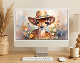 Baby Fawn Desktop Wallpaper | Floral Cowgirl Deer Background | Girl Nursery Digital Animal Art for Screens