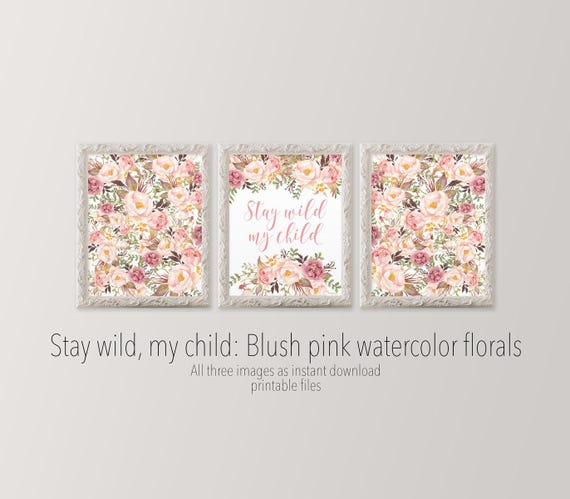 Floral Nursery Wall Art Set – “Stay Wild My Child” Quote, Set of 3 Prints for Girls Room, 11x14 Printable Gallery Wall, Instant Download