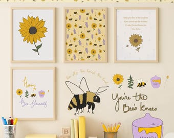 Bee Nursery Wall Art: Sunflower Clipart, Printable Design Kit (PNG Files) (Digital Download)