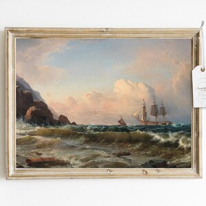 Vintage Ship & Ocean Waves Printable – Nautical Pirate Painting Art for Office or Coastal Wall Decor – Instant Download