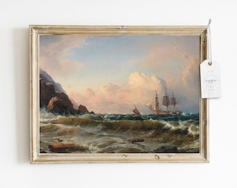 Vintage Ship Painting: Nautical Ocean Waves Art Print (Digital Download)