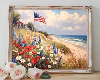 American Flag Beach Printable | Patriotic Wall Art with Wildflowers | Coastal 4th of July Decor | Digital Summer Wall Art Download