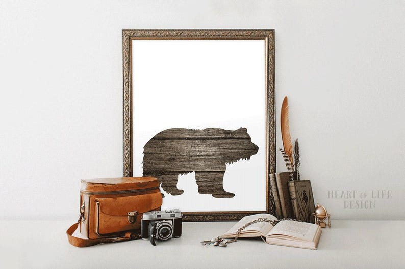 Grizzly Bear Printable Wall Art – Minimal Woodland Animal Decor for Nursery or Rustic Cabin, Instant Digital Download Bear Silhouette Print image 1