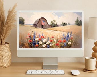 American Barn Floral Desktop Wallpaper | Rustic Patriotic Summer Background | Digital Farm Scene Art