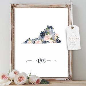 Virginia State Printable Wall Art – Watercolor State Silhouette with Florals and Abbreviation | Gift for Her or Home Decor Download