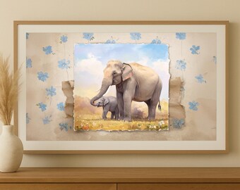 Art mural avec cadre en forme d'éléphant | Maman et bébé avec fleurs bleues | Écran numérique Safari pour téléviseur à cadre Samsung
