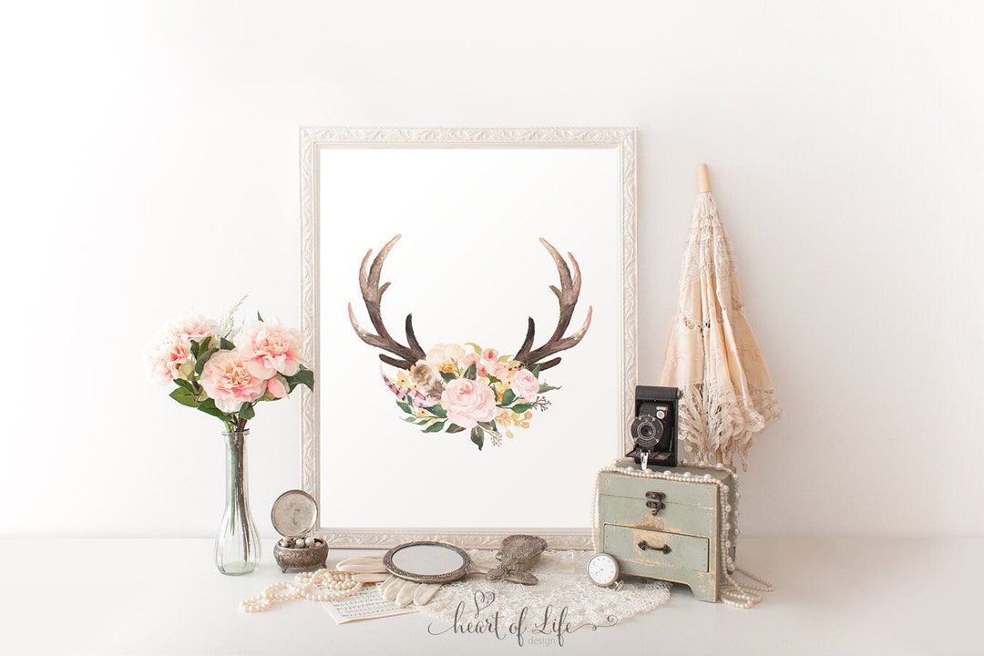 Antlers With Flowers Instant Download Watercolor Wall Art Printable ...