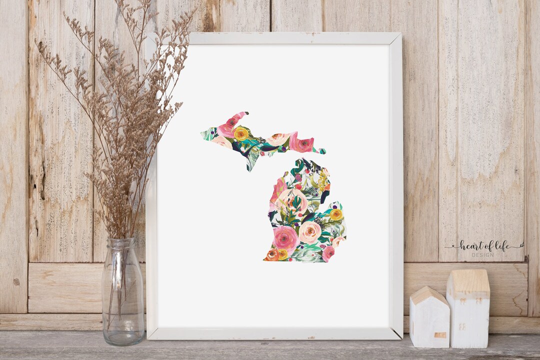 Michigan Printable Digital Download Art Print Floral Watercolor Michigan State Print Michigan ...