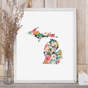 Michigan Printable Digital Download Art Print Floral Watercolor ...