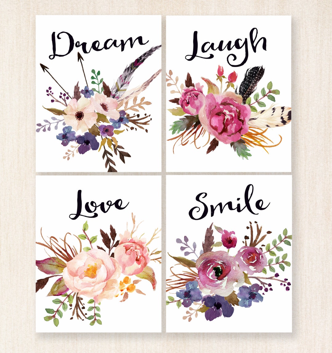 Set of Four Printable Art Prints Floral Watercolor Wall Art Nursery ...