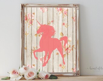 Pink Unicorn Floral Nursery Art: Shabby Chic Printable (Digital Download)