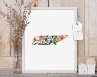 State Printable Digital Download Art Print Floral Watercolor Tennessee State Print TN Art Print Colorful State Silhouette Art Print