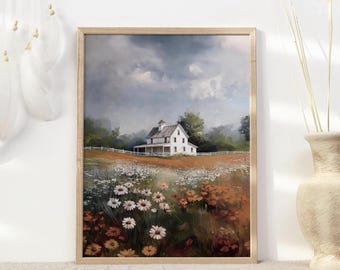 Rustic Farmhouse Landscape Art – Digital Download | Country Style Printable Wall Decor for Cozy Neutral Interiors