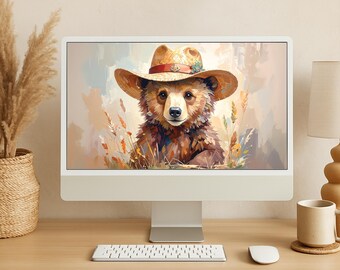 Baby Bear Desktop Laptop Wallpaper | Rustic Wheatfield Background | Woodland Animal Digital Art for Screens